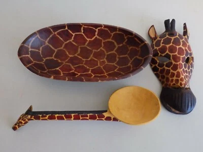 Máscara de madera de jirafa tallada a mano cuchara cuenco safari hecho en Kenia Foto 1 de 4
