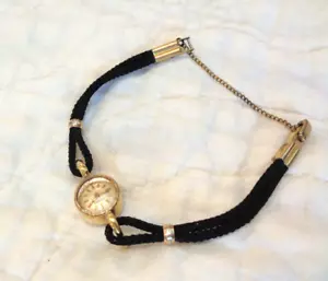 VINTAGE LONGINESS 14K GOLD DAMEN UHR SCHWARZ KORDELBAND BACKWINDER - S - Bild 1 von 5