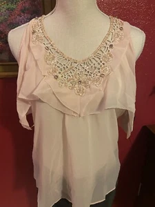 Woman’s Boho Top by Love Stitch Sheer Stunning Crochet/Stones/ Beads Sz M Ivory - Picture 1 of 3