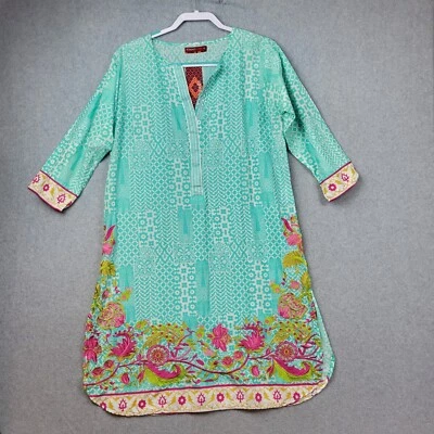 Khaadi Pret Pajama Womens Size Kurta Beach Cover Embroidered Teal Floral New - Image 1 of 4