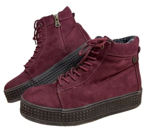 Refresh Burgundy Velvet Ankle Boots UK 5 Lace Up Zip Grunge Biker Soles Chunky - Picture 1 of 18