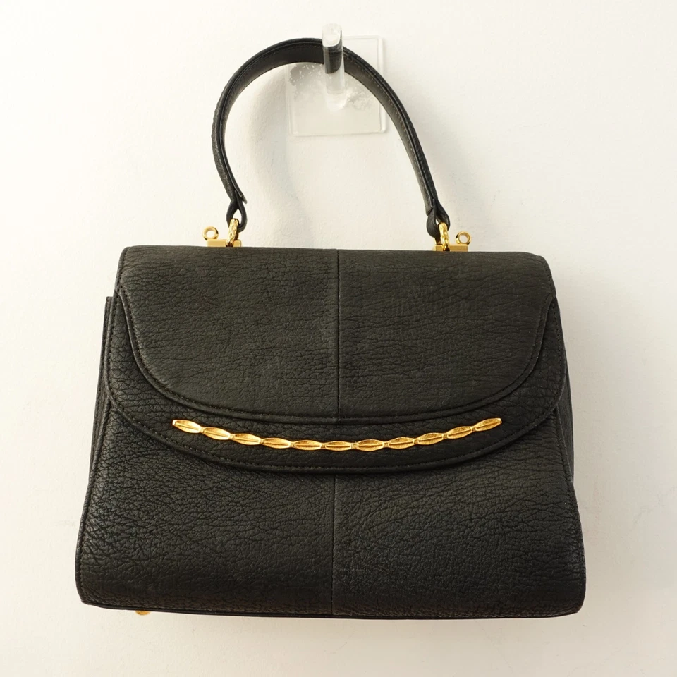Vintage Shark Skin Flap Handbag Medium Black 50s Structured Solid Leather Japan - Image 1 of 4