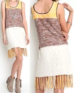 Umgee Kleid Größe S M L Senf Colorblock Western Bohemian Fransen Damen Neu - Bild 1 von 4