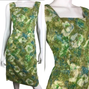 Vintage Original 1950s Green Abstract Floral Wiggle Rockabilly Dress UK 8 - Picture 1 of 10