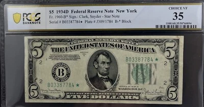 **STAR** US 1934D $5 FRN, New York, FR 1960-B* PCGS Choice VF35 - Image 1 of 4