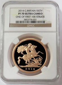 2014 GOLD 375 MINTED GREAT BRITAIN 5 POUNDS SOVEREIGN NGC PF 70 UC - Picture 1 of 2