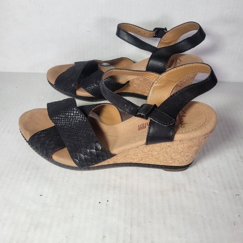 Sandali donna Clarks neri pelle sughero zeppa cinturino regolabile misura 7
