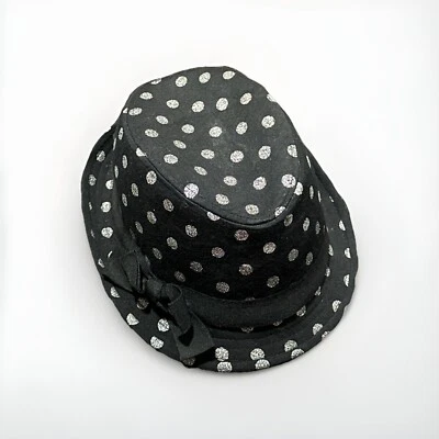 Chapéu Fedora 1989 Place Girls preto prata bolinhas tamanho M 7/8 fita arco - Imagem 1 de 4