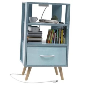 Night Stand with Charging Station, Blue Kids Nightstand with Drawer, 3-Tier - Picture 1 of 8