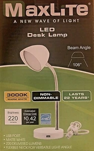 MaxLite 3.5W LED Desk Lamp USB Charging Port Adjustable Neck Switch On/Off WHITE - Picture 1 of 9