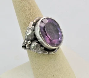 Vtg Signed ED Beefy Sterling 925 Large Oval Amethyst Ring Leaf Bead Embellished - Picture 1 of 11