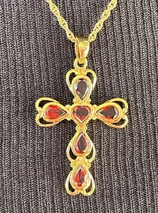 Red & Gold Cross Pendant Necklace Red Rhinestones Gold-toned, Heart In Center - Picture 1 of 7
