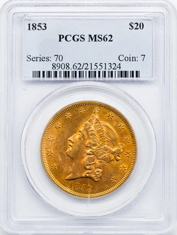 1853 LIBERTY HEAD $20 PCGS MS 62 Cover