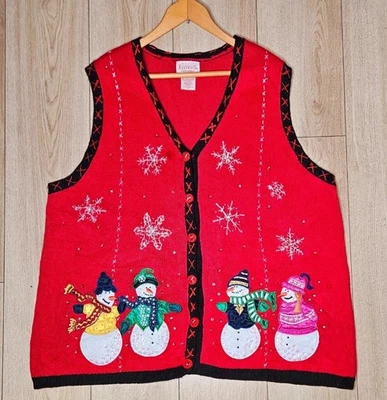 90s Ugly Christmas Sweater Vest Red Snowflakes Snowmen UK 20 22 - Image 1 of 4