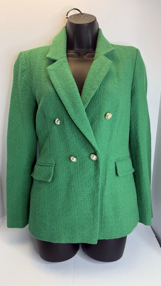 Blazer Nanette Lepore Tweed Verde Talla 4 Botones Dorado Perla Nuevo Sin Etiquetas Foto 1 de 4