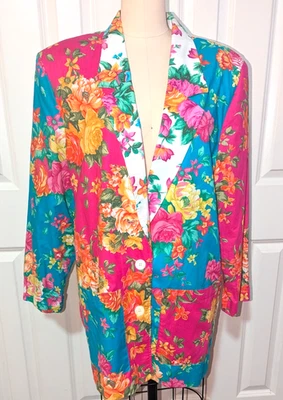 Chaqueta hombreras Karen Kane vintage años 80 mujer patrón floral brillante talla L Foto 1 de 4