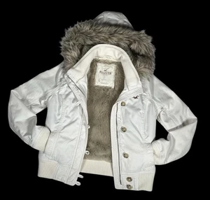 Vintage Hollister Faux Fur Hooded Bomber Jacket Y2K Beige Puffy Sherpa Size L - Picture 1 of 23
