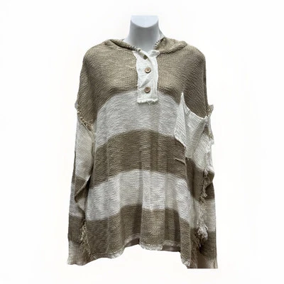 BKE бахрома искусственно состаренный кромки вязаный свитер бежевый в полоску размер L негабаритный пляж богемное - Изображение 1 из 4