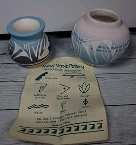 2 Mini Vases Marked Padilla Navajo 3" & 2 1/2" Baby BLUE MESA VERDE POTTERY - Picture 1 of 13