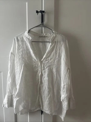 Top de lino con botones Zara para mujer talla M blanco Foto 1 de 4