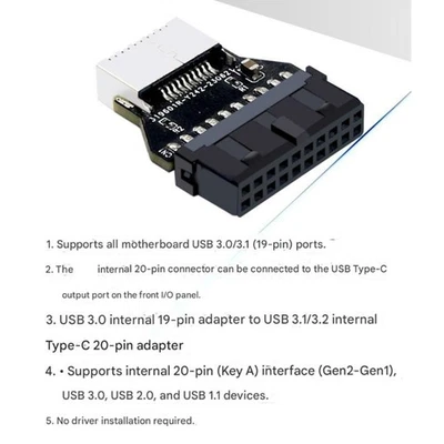 USB3.0 Internal 19Pin To Type C 20Pin 90 Degree Adapter Supporting More Devices - Image 1 of 4