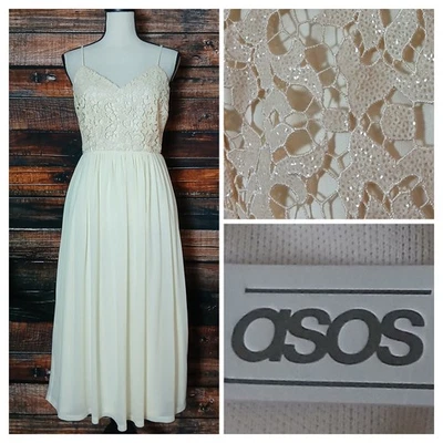 ASOS Midi Dress Size 8 Cream Sparkle Lace Gown Adjustable Straps Lined Zip NWT - Image 1 of 4