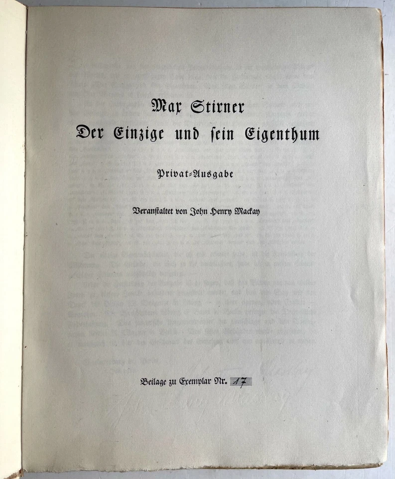 Max Stirner The Only One and His Property, John Henry Mackay, Signed,  - Image 1 of 1