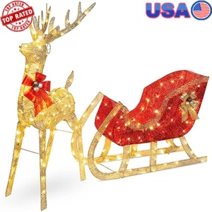 4ft Lighted Reindeer Sleigh Outdoor Decoration 205 LED Christmas Yard Setup Hot - Picture 1 of 6