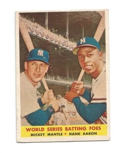 1958 Topps #418 Mickey Mantle & Hank Aaron Baseball Card - Batting Foes - Picture 1 of 2
