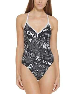 DKNY Women's Black Graphic Logo T-Back One Piece Swimsuit Size XL Black - Picture 1 of 3