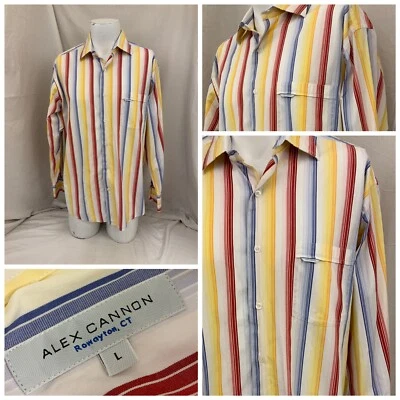 Camisa Alex Cannon L listra multicolorida abotoada 100% algodão YGI Q2-223 - Imagem 1 de 4