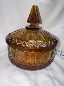 ❤️ Vintage Amber Glass Compote Candy Dish with lid diamond block cut glass - Picture 1 of 10