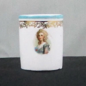 LADY PORTRAIT GOLD DECORATED CHINA TOOTHPICK HOLDER BLUE TRIM - Picture 1 of 5