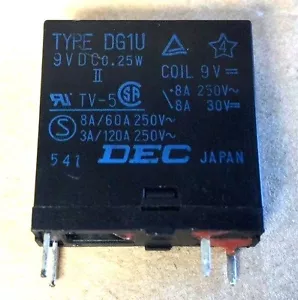 DEC RELAY TYPE DG1U 9VDC, DG9D1-0(M)-II-0.25W, TV-5 0.25W 8A/60A 3A/120A 250V - Picture 1 of 2