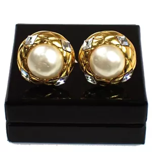 CHANEL CC Round Button Earrings Clip-On Rhinestone Imitation Pearl GD 62RH428 - Picture 1 of 8