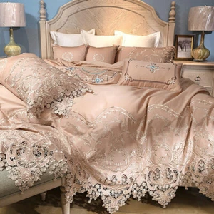 Bedding Set 6pcs Luxury 100s Pima Cotton Hollow Lace Quilt Cover Flat Sheet Set - Picture 1 of 41