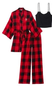 Victoria's Secret PJs 3PC Set Flannel Robe, Tank & Pants white & black NEW - Picture 1 of 14