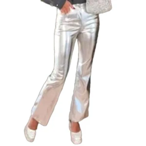 Silver Metallic Women’s Faux Leather Flare Pants Sz 7 - Picture 1 of 12