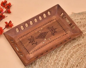 Wooden Art Tray Serving Handmade Size 10 X 14 Inch Rectangle Shape Indian - Picture 1 of 6