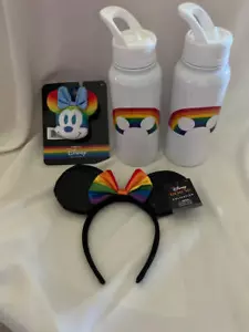 DISNEY Pride Collection 2 Water Bottles Ears and Clip ALL NEW!!! - Picture 1 of 4
