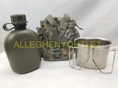 GENUINE U.S. MILITARY ISSUE US Army 3 Pc NEW 1QT OD Canteen & USGI STAINLESS STEEL Cup w/ USED ACU Cover