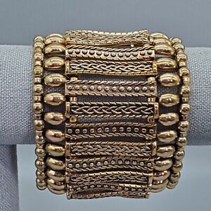 Gold Tone Stretch Cuff Bracelet Wide Beaded Textured Bar Links Statement