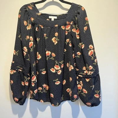 Lauren Conrad Long Sleeve SquareNeck Blouse, Navy W Yellow Dots+Coral Florals, M - Image 1 of 4