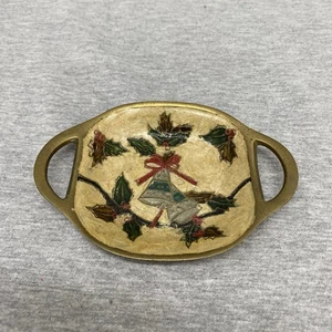 Weihnachten massiv Messing & Emaille Schmuck Schale Glocken Stechpalme Vintage 4,5" Indien - Bild 1 von 7