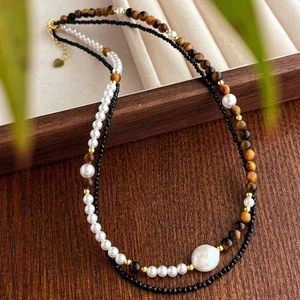 2 file perle naturali 6 mm conchiglia occhio di tigre 3 mm spinello nero perline collana 18" - Foto 1 di 7