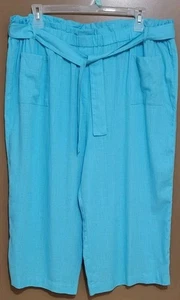 Ruby Rd Woman Pull On Capris Cropped Pants 2X Linen Blend Blue Pockets Wide Leg - Picture 1 of 4