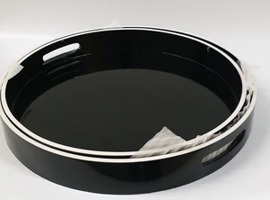 Pair Beautiful Round Black & White Edging Serving Trays - Picture 1 of 3