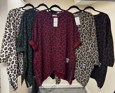 Ladies Animal Print Leopard Oversized Scuba Fabric Pocket Top Side Zips - Image 1 of 4