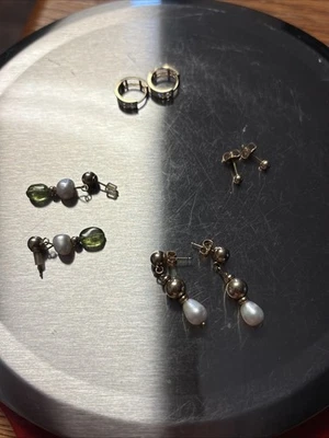 14k Gold Lot Of Earrings Pearls Peridot CZ Dangle Huggie Hoops Balls Studs - Image 1 of 4
