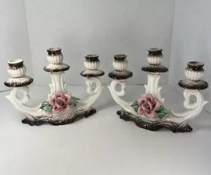 Vintage Capodimonte Porzellan Kandelaber Kerzenhalter Rose Blumenmuster Italien WIE BESEHEN - Bild 1 von 24